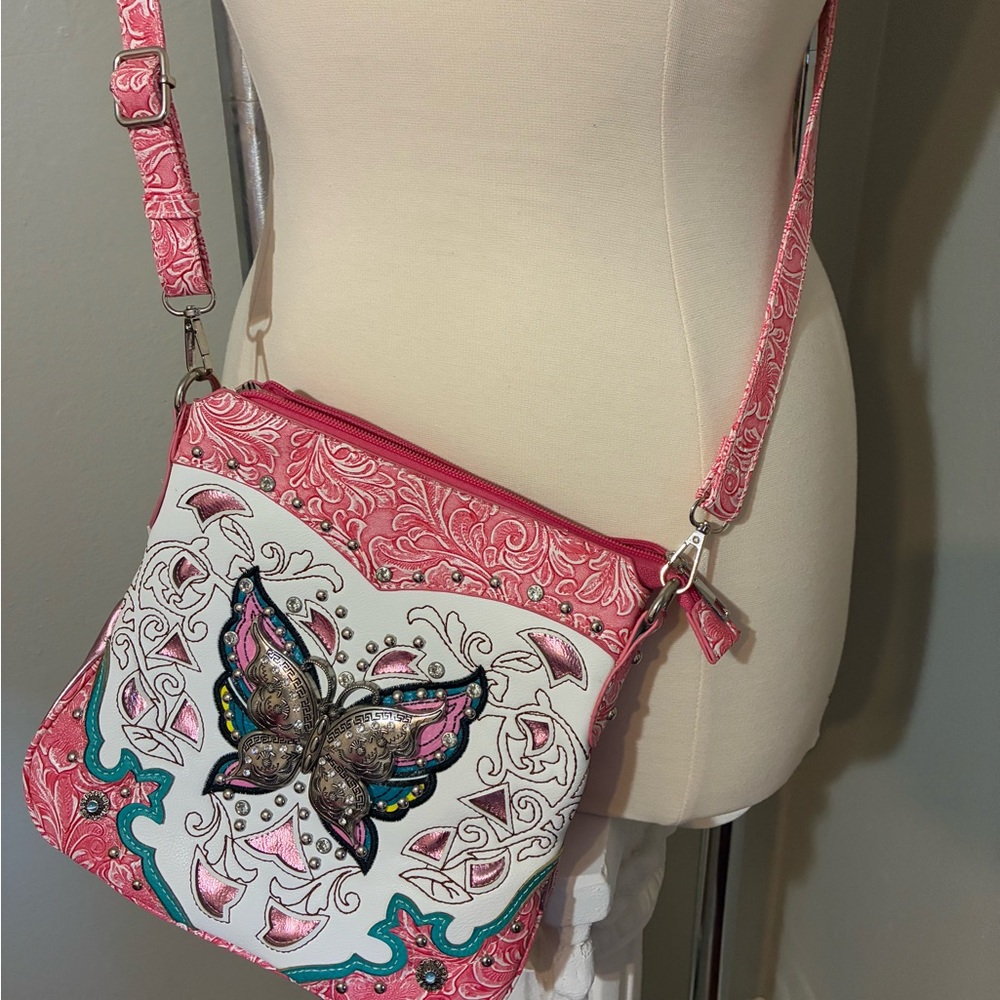 Pink and White Butterfly Embellished Women's Bag